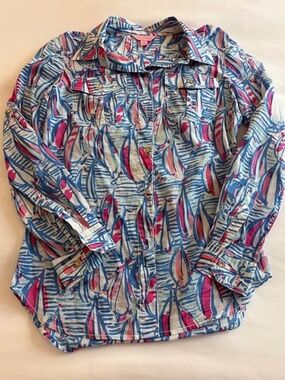 Lilly Pulitzer Cruiser Resort White Red Right Return Sailboat Print Shirt Size 2